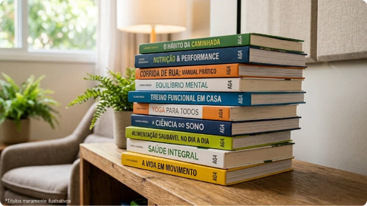 Pilha de livros da AG4 Editora sobre um aparador, com capas de títulos ilustrativos sobre treino, nutrição, sono e saúde