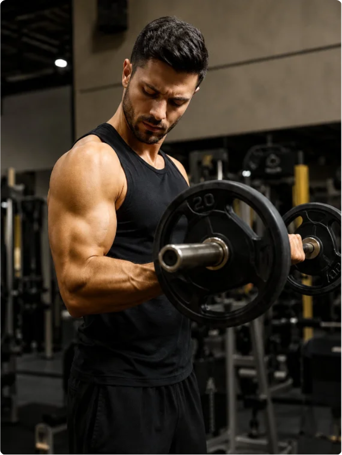 Homem fazendo rosca direta com barra na sala de musculação